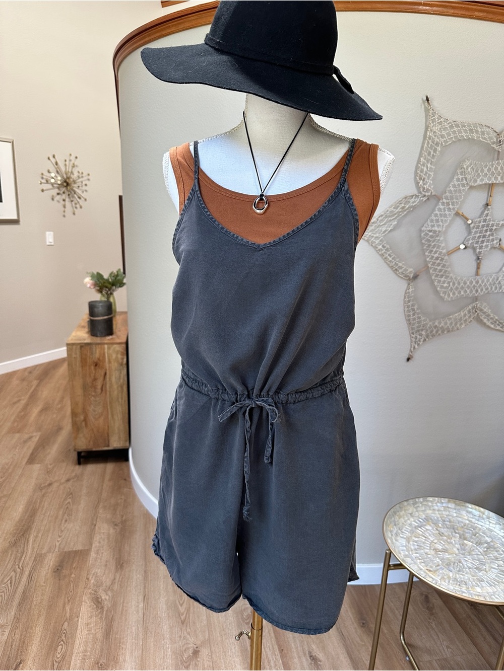 Boho grey wash spaghetti Strap v neck tie waist romper

G